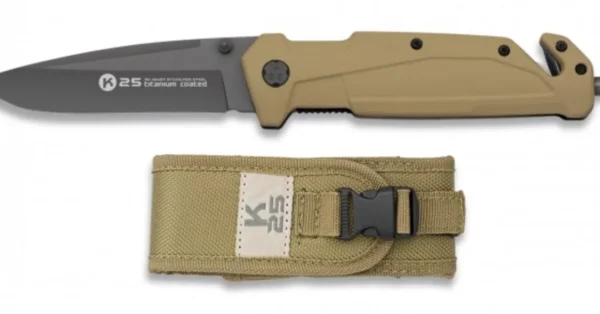 Couteau pliant K25 manche caoutchouc lame 9 cm coyote