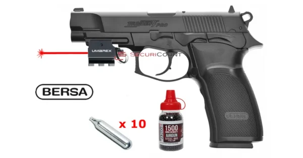 Pack Laser Pistolet Bersa Thunder 9 PRO 4.5mm BBs – 2,6 joules – Tir de loisir/Pistolet à plomb – securicount