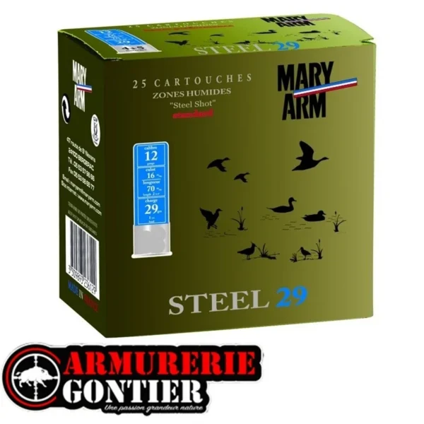 Cartouches MARY ARM STEEL 29 Calibre 12/70 29grs N°4+5 Bourre jupe sur notre armurerie en ligne