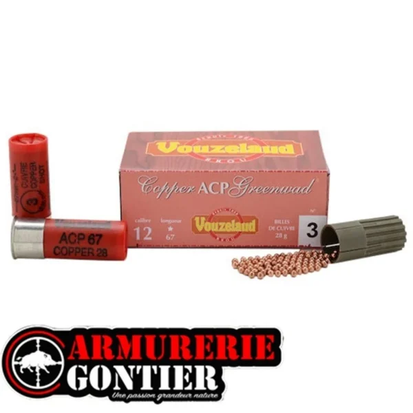 Cartouches VOUZELAUD Copper ACP Greenwad Tube plastique – Cal. 12/67 bourre jupe www.armureriegontier.fr