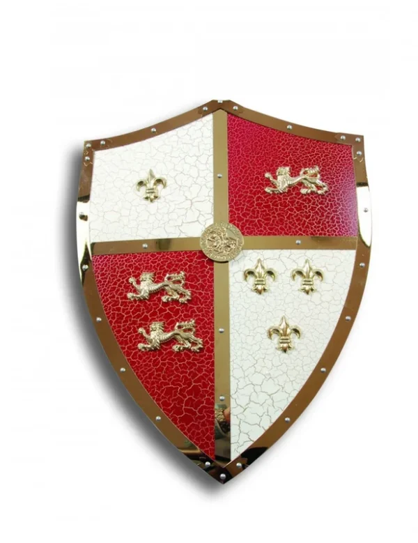 Écu héraldique en acier – Lions et lys dorés
