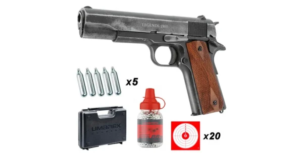 Pack pistolet Legends 1911 CO2 cal. 4.5mm BBs 3 joules finition antique