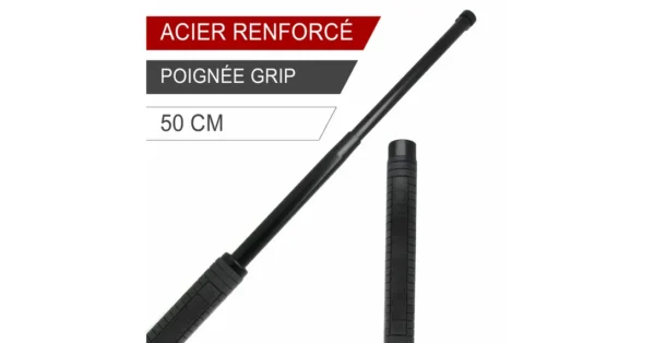 Matraque télescopique Police 50cm en acier renforcé noir avec poignée grip