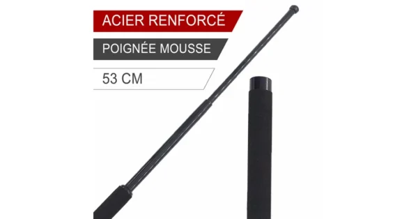 Matraque télescopique 53cm en acier renforcé avec poignée grip + étui