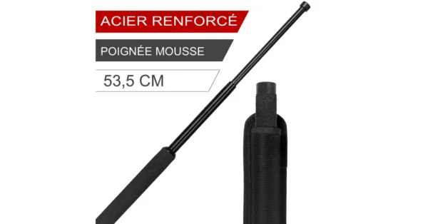 Matraque télescopique en Acier 53,5 cm avec Poignée Mousse et Etui en Cordura Noir