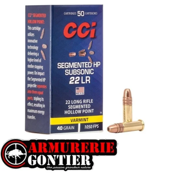 Munitions CCI C22LR VARMINT SEGMENTED HP 40GR SUB-SONIC x50 sur www.armureriegontier.fr