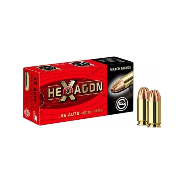 Munitions GECO 45 ACP 200grs 13.0g HEXAGON pour arme de poing