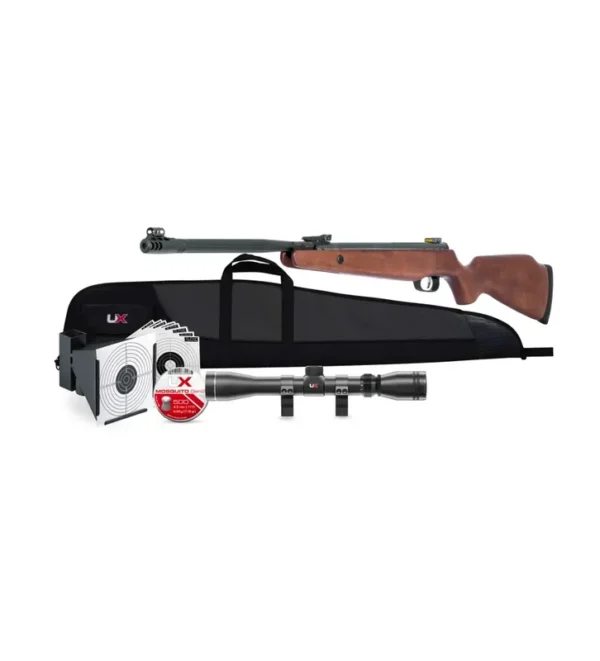 Pack carabine à plombs UX R-Force Wood 4,5 mm 19,9 J + Lunette 3-9×40 + Plombs – Cibles – Fourreau