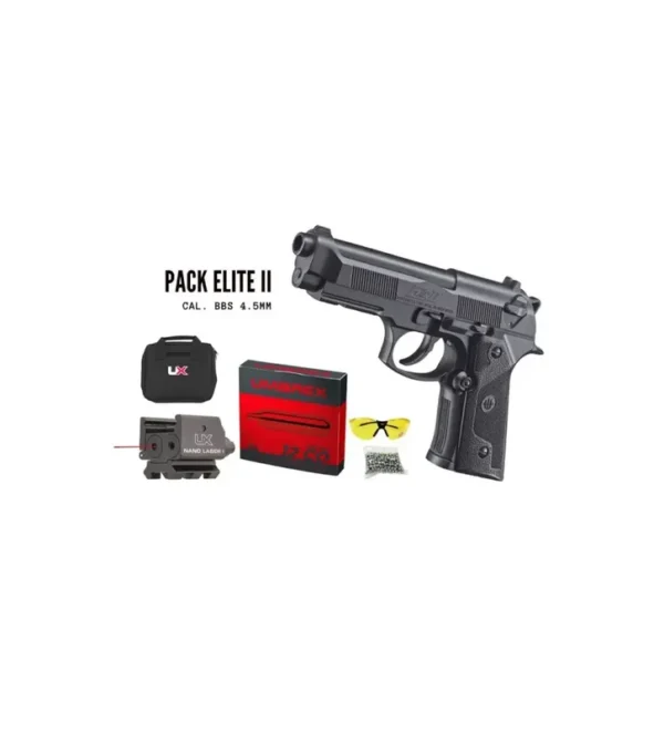 Pack pistolet BB Beretta Elite II Cal. 4,5 mm + 10 capsules CO2 + 250 BBs + Laser + Fourreau