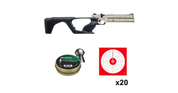 Pistolet RP Argent Reximex PCP cal. 5.5mm 14.5 joules + cibles