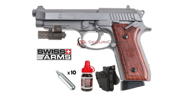 Pack Laser Pistolet SA 92 SWISS ARMS Stainless Co2 1,6J cal.4.5mm BBs – Tir de loisir/Pistolet à plomb – securicount